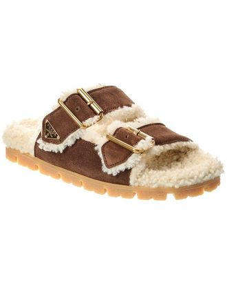 Prada Logo Shearling & Suede Sandal