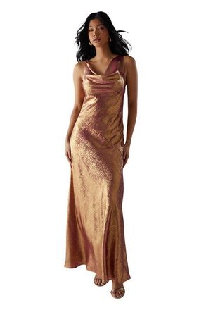 Warehouse Metallic Lame Cowl Neck Maxi Dress in Magenta at Nordstrom, Size 10