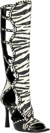 Azalea Wang Indrani Open Toe Knee High Boot in White Black at Nordstrom, Size 7.5