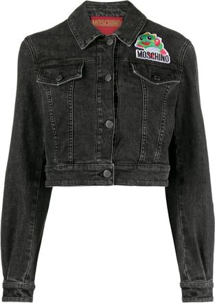Moschino cartoon-appliqu&eacute; cropped denim jacket - women - Cotton/Spandex/Elastane - 38 - Black