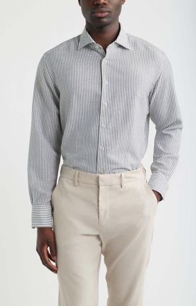 Eterna Soft Luxury Modern Fit Stripe Wool & Linen Non-Iron Dress Shirt in Navy at Nordstrom, Size 17.5L