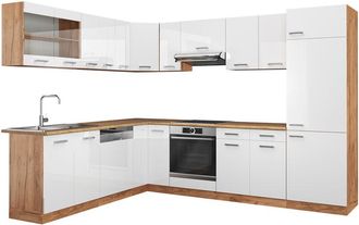 Vicco Cucina angolare completa R-Line, Bianco lucido/oro power oak, 227 x 287 cm, pl Rovere
