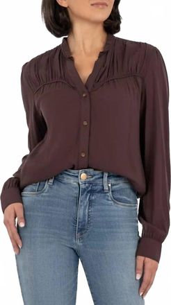 Kut from the Kloth Isley Button Shirt With Neck Ruffle In Chocolate Brown