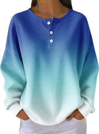 Generic Womens Waffle Gradient Pullover - Long Sleeved Round Neck Casual Sportswear (UK, Alpha, XXL, Regular, Regular, Gradient Color19)