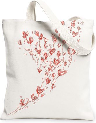 Generic Heart Floral Canvas Tote Bags, Artistic Love Pattern Reusable Grocery Bags, Vintage Lightweight Washable Shoulder Strap Can, White, 13x15 Inch