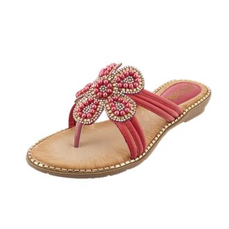 Generic Women Wedge Sandals Pearl Floral Embellishment Sandals Leather Thong Sandal Comfort Fit Sandal Fashion Beach Shoes Anti Slip Casual Shoes Strappy Cros