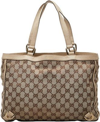 Gucci Beige White Canvas Leather Tote Bag (Pre-Owned)