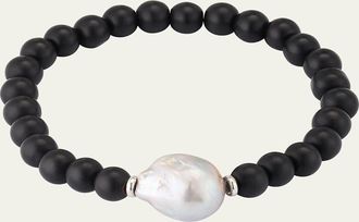 Jan Leslie Mens Black Onyx Beaded Bracelet with Pearl Center