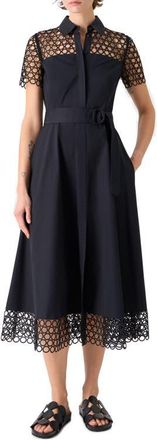 Akris Belted Circle Lace & Poplin Shirtdress in Black at Nordstrom, Size 12