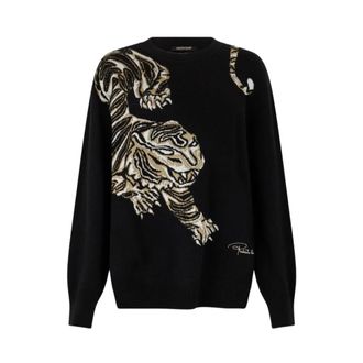 Roberto Cavalli Round-neck Knitwear, female, Black, Size: XS Wool Sweater with Tiger Motif