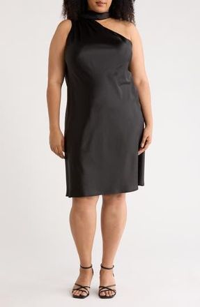 Renee C One-Shoulder Satin Shift Dress with Scarf in Black at Nordstrom Rack, Size 3X