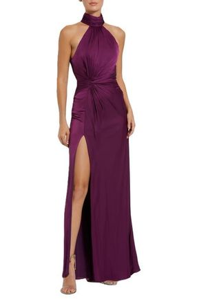 Mac Duggal Open Back High Neck Side Ruched Gown in Plum at Nordstrom, Size 12