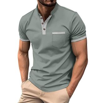 Generic Big and Tall T Shirts for Men UK Summer Short Sleeve Solid Color Stylish Round Neck Henley Shirt with Pocket Button down Casual Shirts Breathable Ligh