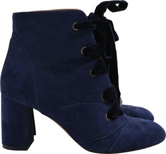 Chlo&eacute; Ribbon Lace-Up Ankle Boots in Navy Blue Suede
