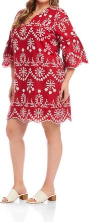 Karen Kane Flare Sleeve Embroidered Dress - Plus In Red With Off White