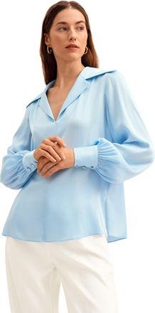 LilySilk Silk Pullover Shirt Loose Style Fit Silk Blouse for Women V Neck Retro Long Sleeves Tops for Ladies L, Light Blue
