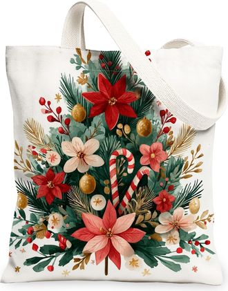 Generic Floral Canvas Tote Bags, Holiday Flower Design Reusable Grocery Bags, Vintage Botanical Lightweight Washable Shoulder Strap Canvas for Shopping Travel