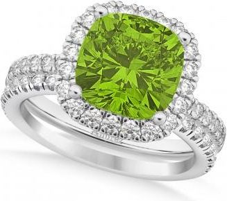 Allurez Peridot & Diamonds Cushion-Cut Halo Bridal Set 14K White Gold (3.38ct)