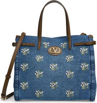 Valentino Garavani Medium Antibes Embroidered Denim Tote in Blue Multi at Nordstrom
