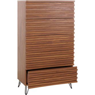 Hhg Non utilizzato] Cassettiera HHG 698, credenza alta mobile, design 3D 5 cassetti legno massiccio mango metallo 145x80x44cm, color noce