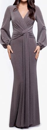 Betsy & Adam Clara Long Sleeve Metallic Knit Dress With Front Knot In Taupe/silver