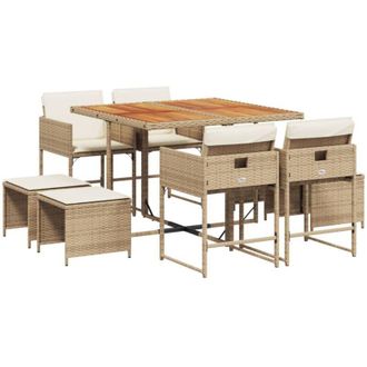 vidaXL Set Comedor De Jard&iacute;n 9 Pzas Con Cojines Rat&aacute;n Sint&eacute;tico Beige Vidaxl