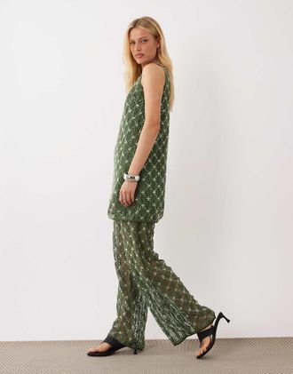Ghospell Zuma - Pantaloni dritti a vita alta decorati verde scuro in coordinato