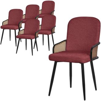 ML Design ML-Design Set di 6 Sedie da Sala Pranzo Rosso con Rivestimento in Tessuto, Gambe in Metallo, con Braccioli Effetto Rattan, Poltrona Imbottita