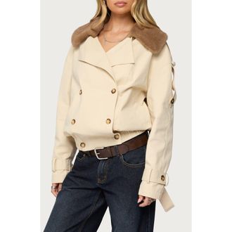 Edikted Crop Cotton Trench Coat with Removable Faux Fur Collar in Beige at Nordstrom, Size X-Large