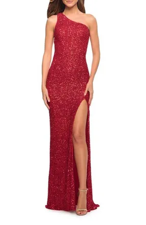 La Femme One Shoulder Luxurious Soft Sequin Dress with Slit in Red at Nordstrom, Size 12