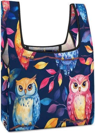 Generic Colorful Owls Watercolor Reusable Shopping Bags Lightweight Foldable Grocery Bag Polyester Washable Tote Bag
