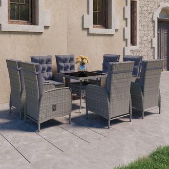 vidaXL Set De Comedor De Jard&iacute;n 9 Piezas Rat&aacute;n Pe Y Vidrio Gris Vidaxl