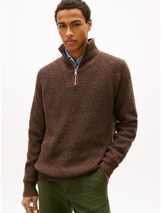 Tommy Hilfiger Mens Fisherman Knit Quarter-Zip Sweater - Brown - M