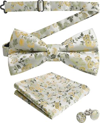 Alizeal Mens Floral Pattern Pre-tied Bow Tie, Pocket Square and Cufflinks Set, Sage+Yellow