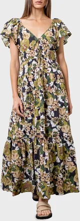 Moon River Flutter Sleeve Tiered Midi Dress In Navy Multi Print