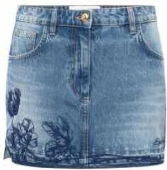 Elisabetta Franchi Geborduurde Bloemen Denim Mini Rok - Dames - Spijkerrokken - Blauw - 2XL - Denim - Rokken