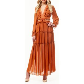 By Design France Long Sleeve Chiffon Maxi Dress in Praline Leather Brown at Nordstrom Rack, Size X-Small