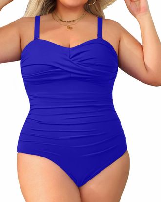 Holipick Plus Size One Piece Swimsuit Tummy Control Strapless Bathing Suits Bandeau Slimming Ruched Twist Front Swimwear, Royal Blue, 22 Plus