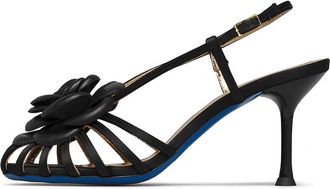 Loriblu Bloemversierde satijnen sandaal - Dames - Sandalen met hakken - Zwart - 40 EU - Satijn - Schoenen
