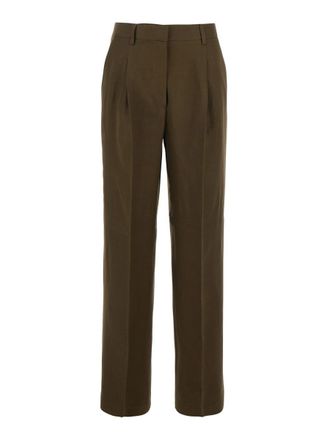 Pinko Green Pants With Belt Loops And Pleats In Viscose And Linen Blend Woman