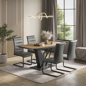 Vicco Set De Mesa De Comedor Fenaro, Roble Dorado/negro, 120 X 80 Cm Con 4 Sillas De Comedor, Gris, Vicco