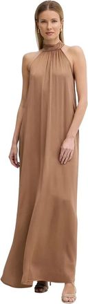 Fracomina Mouwloze Halter Maxi Jurk - Dames - Avondkleed - Bruin - M - Satijn - Kleedjes