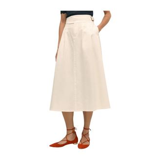 Brooks Brothers Geriemde A-lijn Twill Geplooide Rok - Dames - Midirokken - Wit - 3XS - Katoen - Rokken