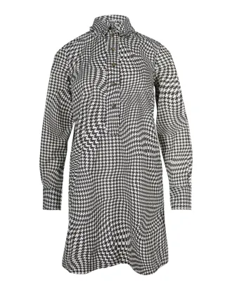 Ganni Ganni Optical Houndstooth Pea-Collar Mini Dress in Multicolor Cotton
