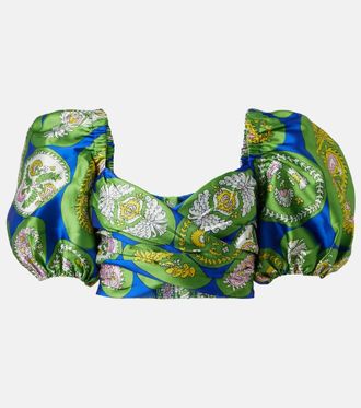 Alemais Printed balloon-sleeve cropped top