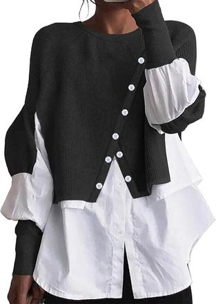 Generic Jumpers Women Womens Autumn and Winter New Layered Pullover Spliced Two Knitted Sweater Shirt Christmas Jumpers for Women UK Funny Deals Daily Essenti