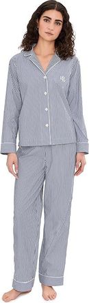 Lauren Ralph Lauren Woven Long Sleeve Notch Collar Long Pant Pj Set Womens Pajama Sets Navy Stripe : LG (US 12-14), Cotton/Viscose