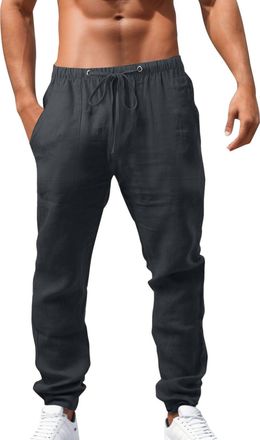 Generic Mens Linen Trousers Summer Casual Pants Loose Fit Elasticated Waist Trousers with Drawstring Lightweight Linen Pants Cotton Workout Running Jogging Bo