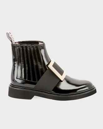 Roger Vivier Viv Ranger Patent Leather Pilgrim Buckle Booties