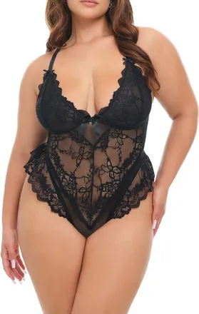 Oh l&agrave; l&agrave; Ch&eacute;ri Valentine Lace Teddy in Black at Nordstrom, Size 3X/4X